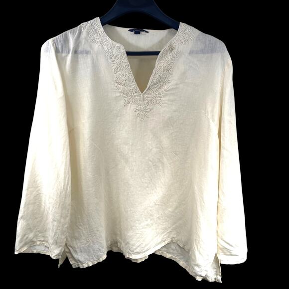 Lands’ End Linen Beaded Top Women Sz L 14-16 Cream Boho Festival Travel Beach - Picture 1 of 8